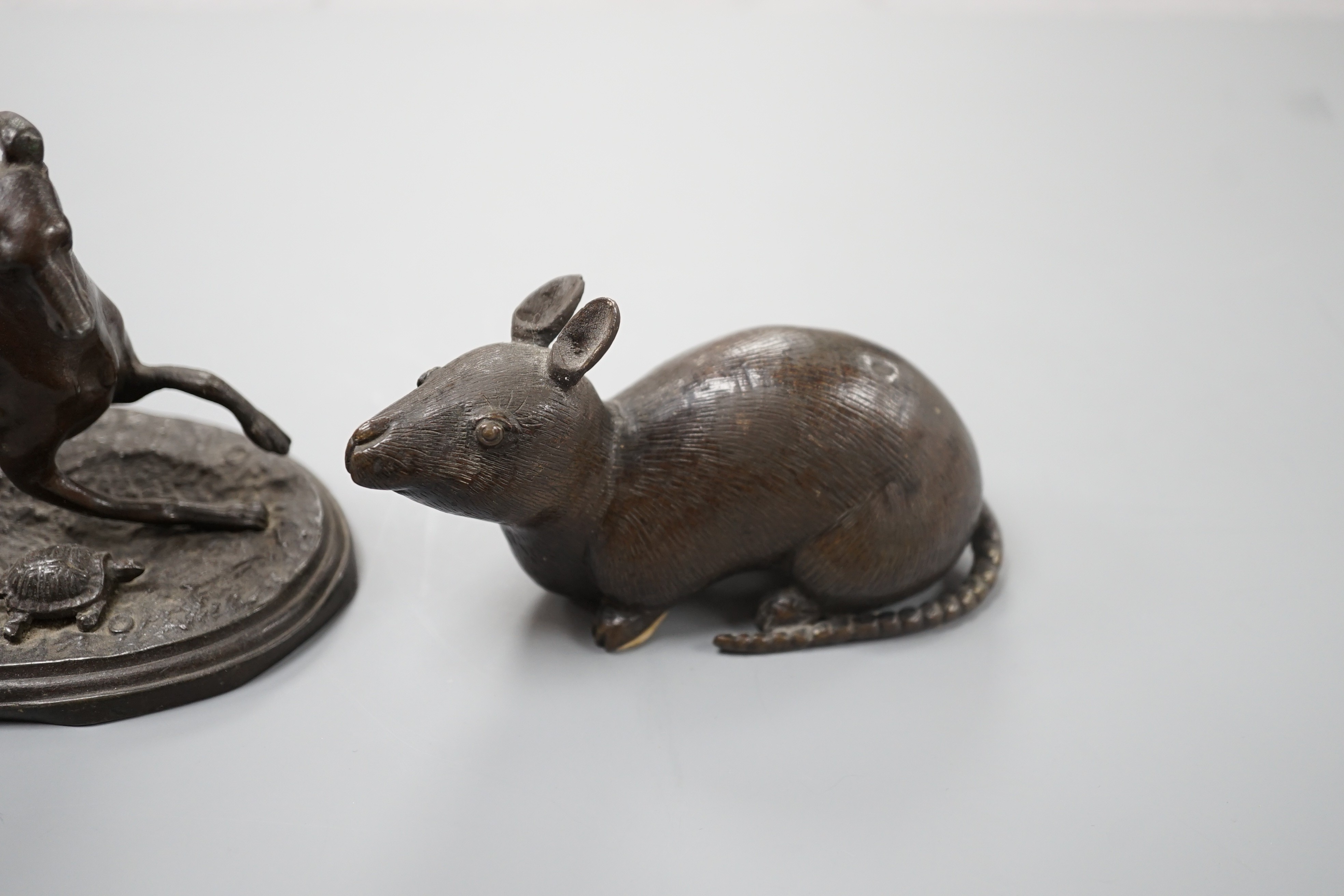A bronze figure of a mouse and an Animalier group of a playful dog and tortoise, mouse 11cms wide.
